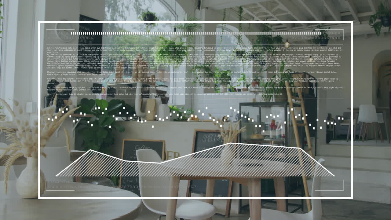 Animation of data processing over cafe with many plants in pots