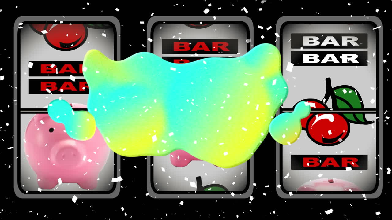 과일 기계에서 움직이는 기호 위에 파란색과 노란색 블롭의 애니메이션