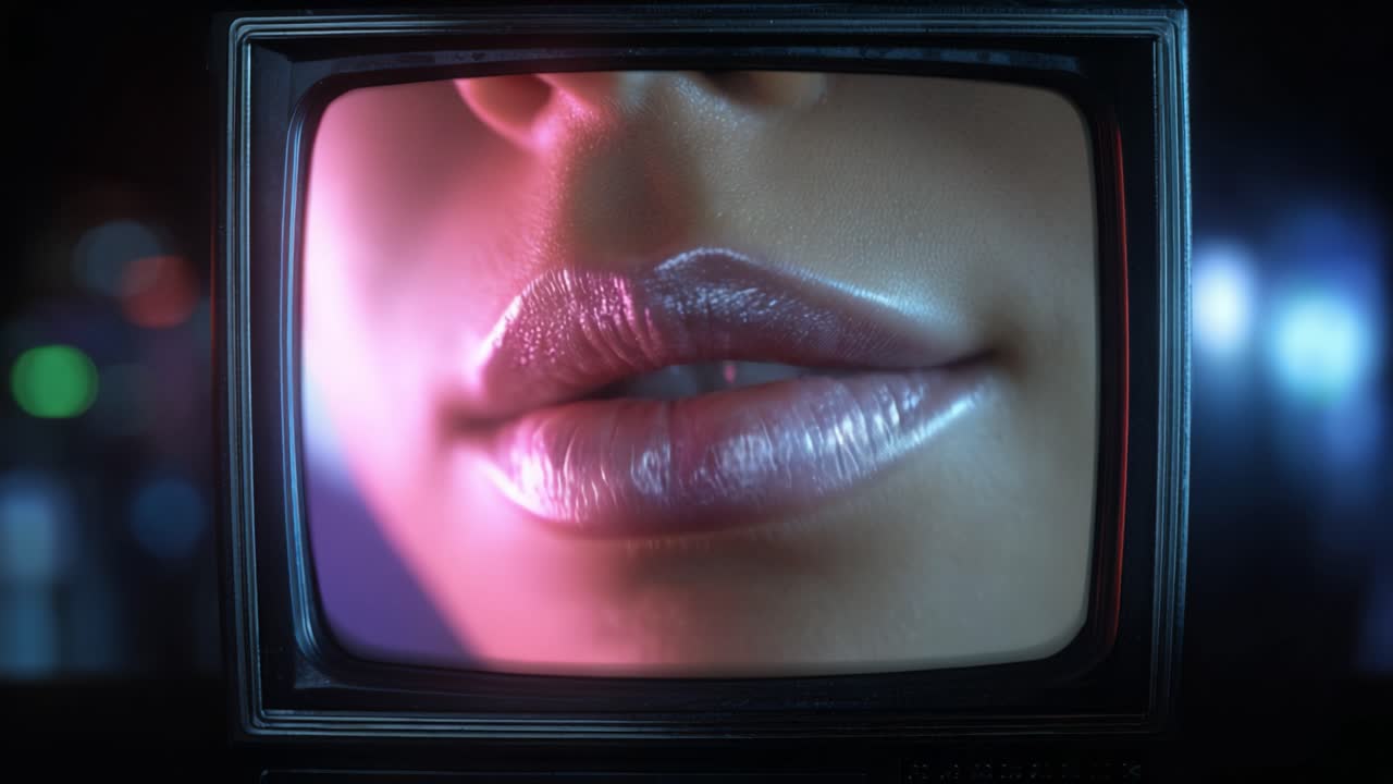 Una visione ravvicinata di labbra lucide visualizzate su uno schermo di un vecchio televisore, evidenziando colori vivaci e illuminazione soffusa che creano un'atmosfera visiva intrigante.