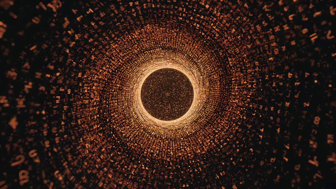 Moving camera showing lit glyph tunnel for data reveal, amber ring pulsing, sparks drifting to core