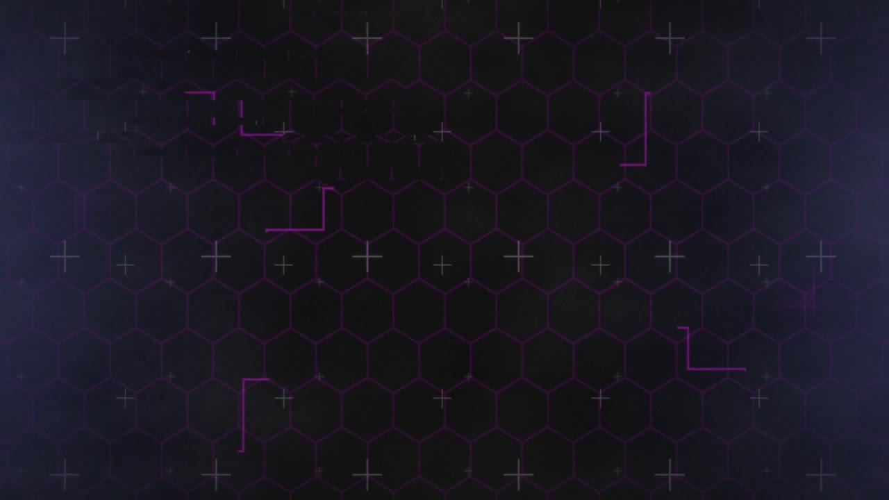 Animation of network of hexagons and purple light trails on black background