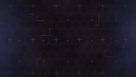 Animation-of-network-of-hexagons-and-purple-light-trails-on-black-background