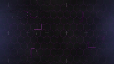 animation of network of hexagons and purple light trails on black background