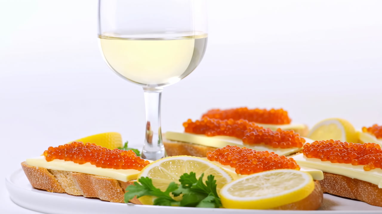 White Wine Red Caviar Lemon Slices On Toast With Parsley Garnish, Bright Culinary Still Life For Upscale