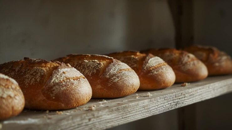 Panning camera revealing artisanal bread loaves on rustic bakery shelf highlighting crust detail