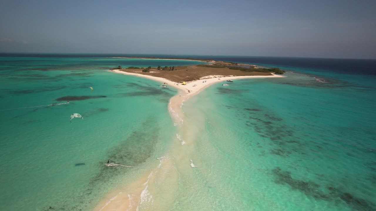 Cayo de agua with turquoise water and white sandy paths, a tropical paradise, aerial view