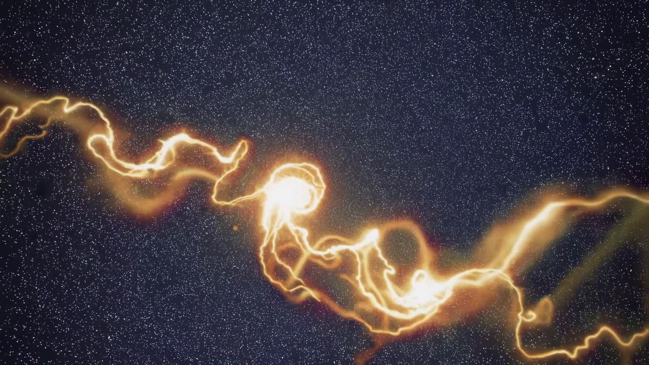 Aerial view of swirling golden light trails against a starry backdrop, creating a dynamic, cosmic