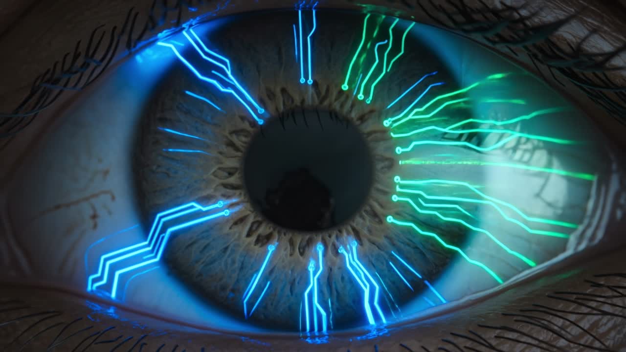 Macro view of human eye with digital circuit lines representing artificial intelligence and biometric vision