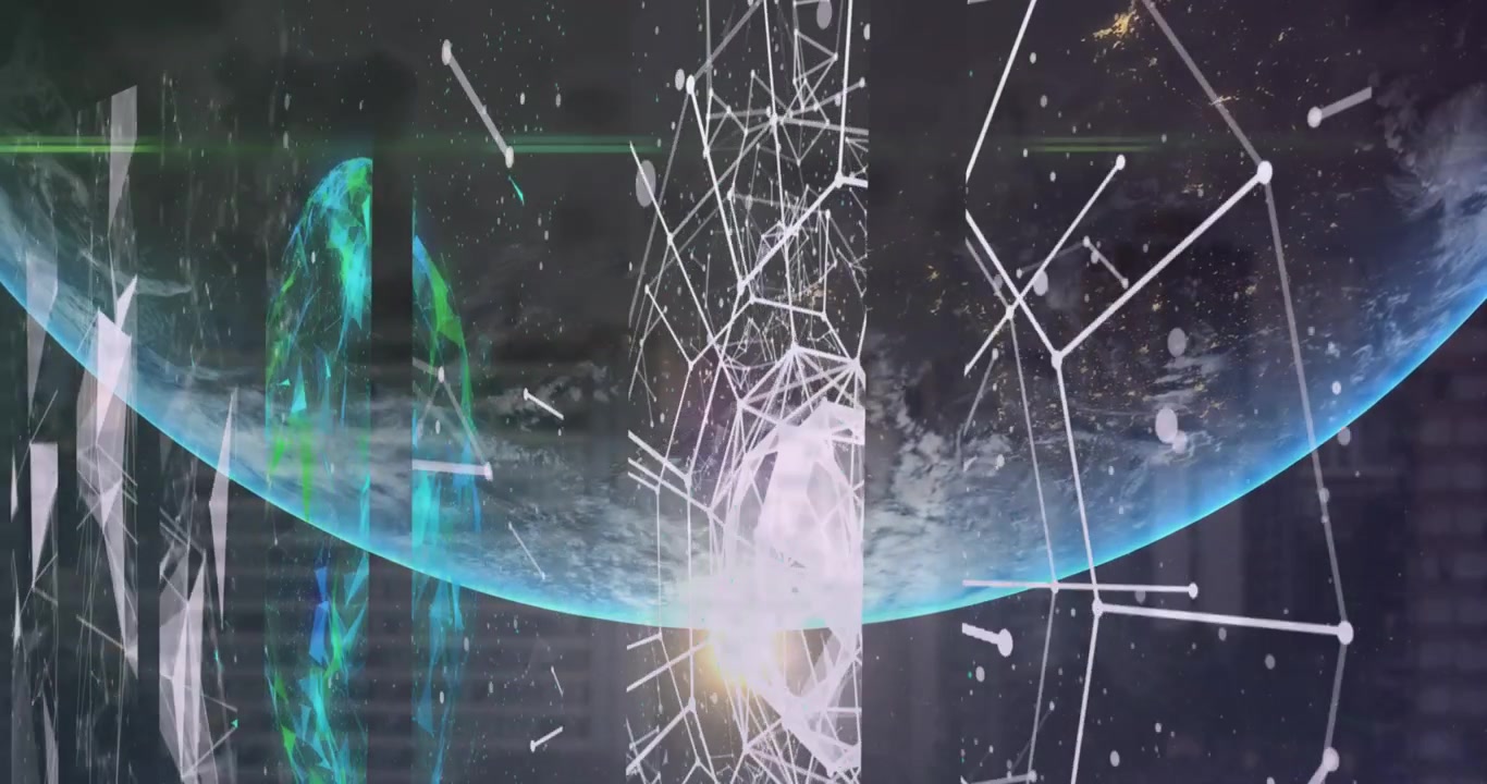 Digital Network Connections Over Planet Earth with Abstract Geometric Shapes