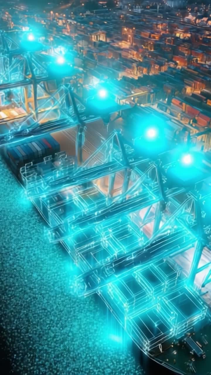 Futuristic Cargo Terminal with Advanced Technology, Showcasing Automated Cranes, Containers, and Brilliant Lighting Reflecting on a Nighttime Urban Harbor Scene