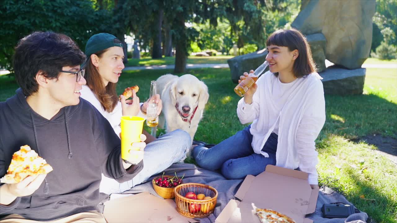 친구 들 이 공원 에서 피크닉 을 즐기고 있다