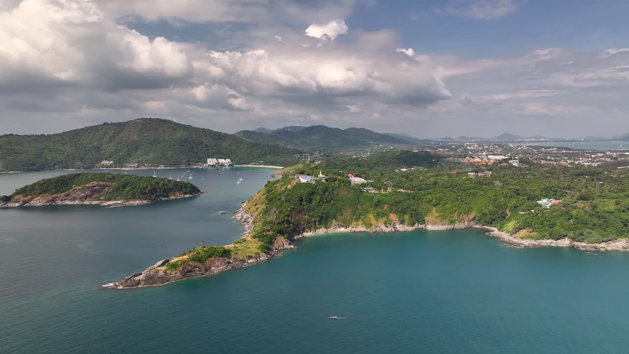 Promthep Cape, aerial panoramic of popular scenic view point in Phuket Island, Thailand.
