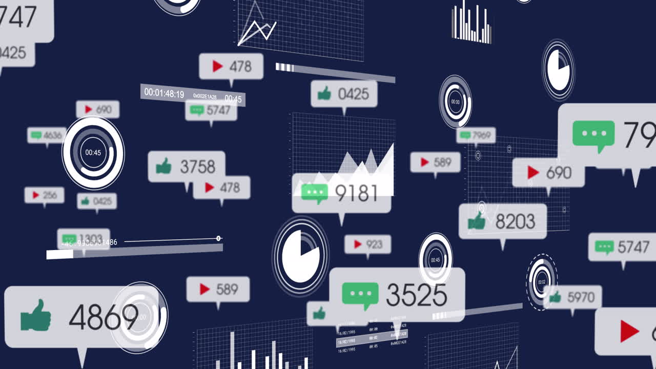 Animation of social media icons and statistical data processing against blue background