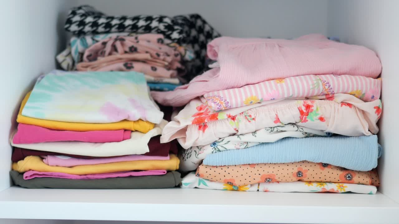 Neatly folded clothes in a white closet shelf