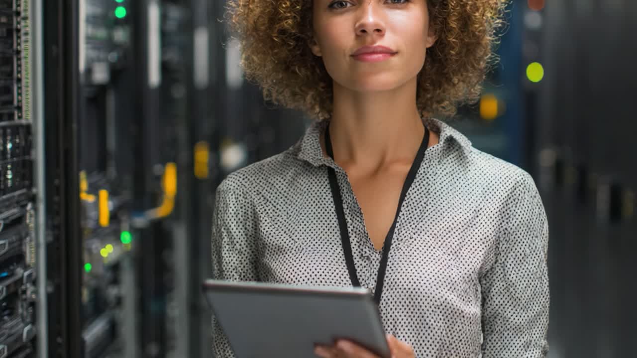 A confident professional woman using a tablet in a data center, surrounded by servers, showcasing expertise in technology and modern infrastructure