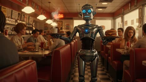 a futuristic robot waiter service in a classic diner setting, serving delicious food and drinks to customers in a vibrant social atmosphere full of lively conversations