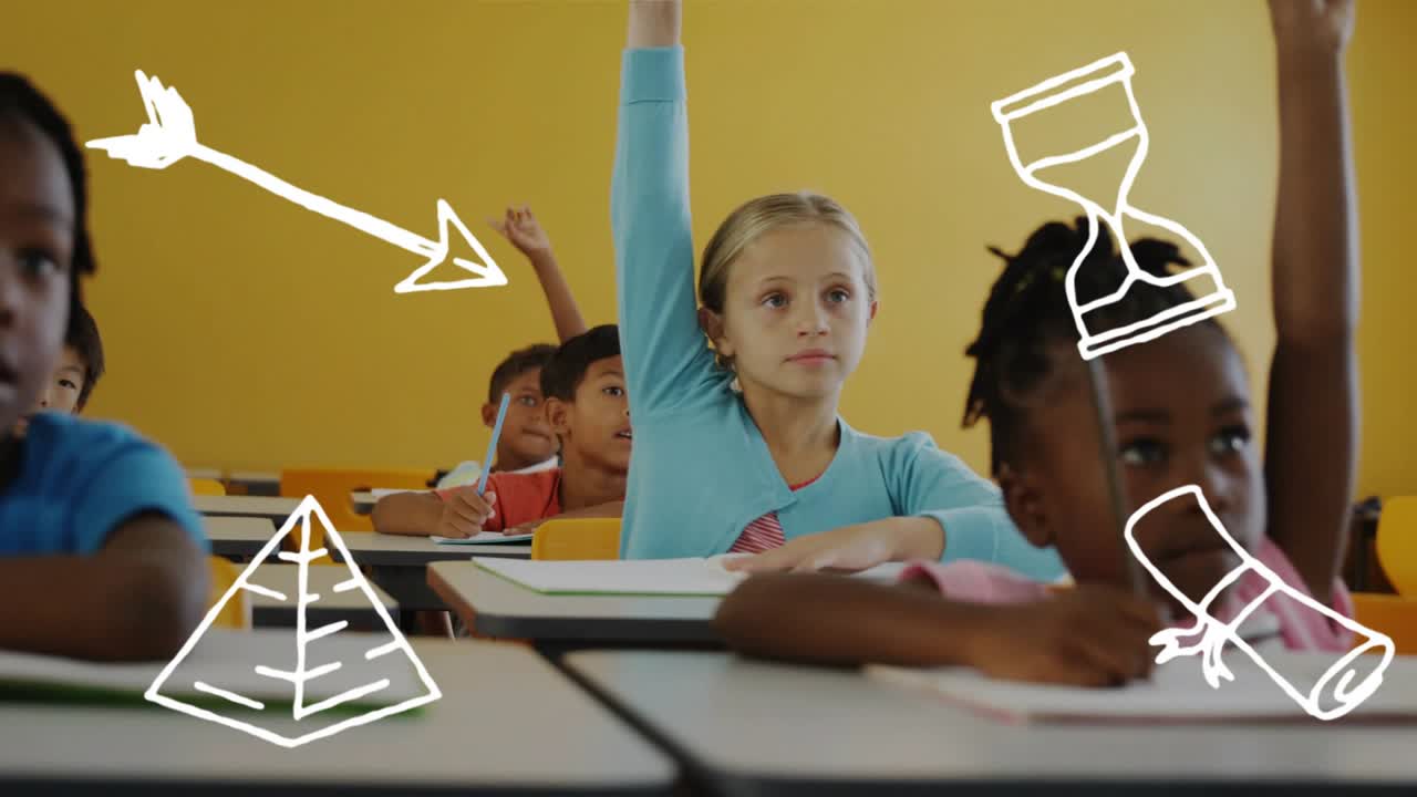 On arrow pyramid timer scroll icons fading students writing notebooks during lesson raising hands
