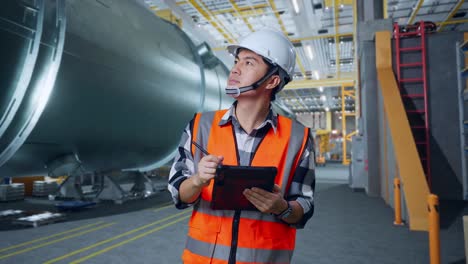ingeniero masculino asiático con casco de seguridad de pie en la fábrica de fabricación de tubos. tomando nota en la tableta y mirando a su alrededor