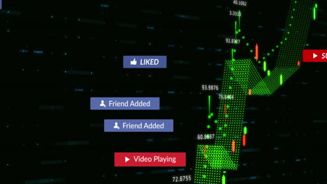 animation of social media icons floating over financial data processing against black background