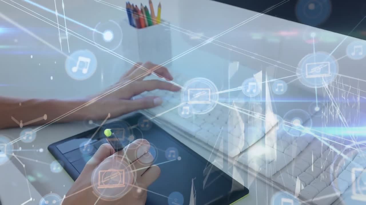 그래픽 태블릿을 사용하여 그래픽 디자이너의 중간 섹션에서 디지털 아이콘 네트워크의 애니메이션