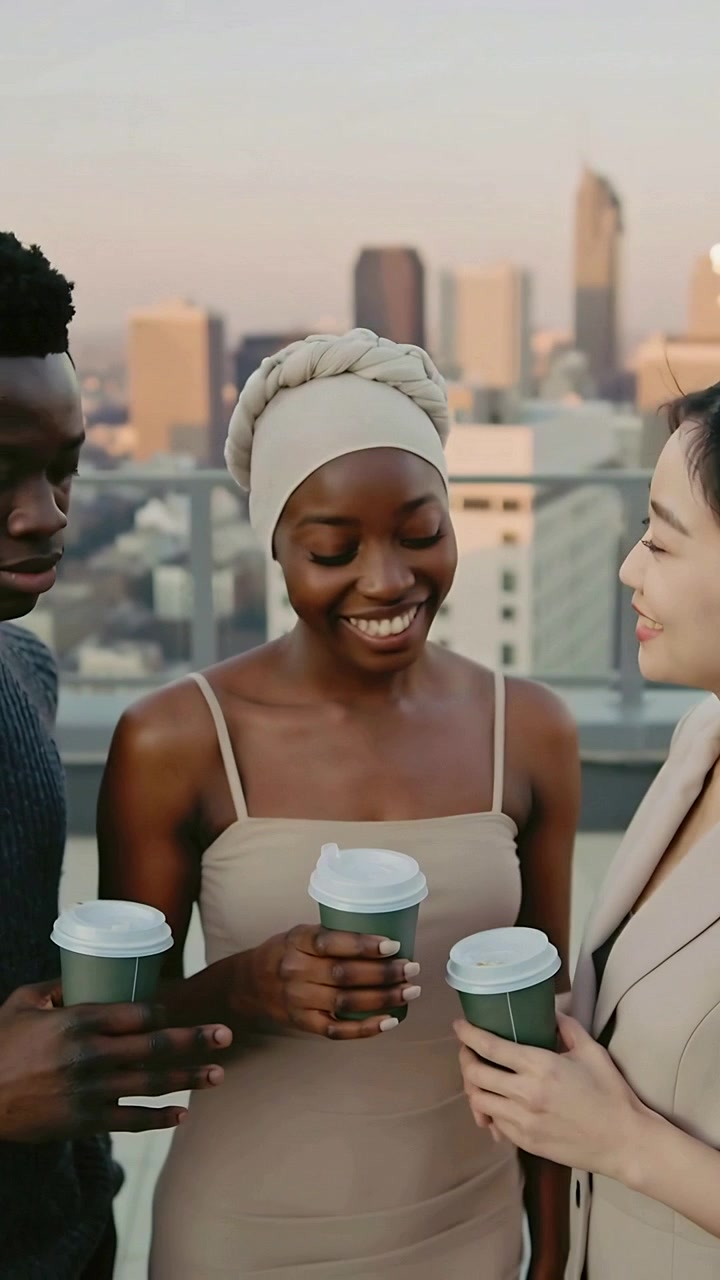 Vertical video: Smiling glance causing woman beige dress headwrap chatting on roof with green cups
