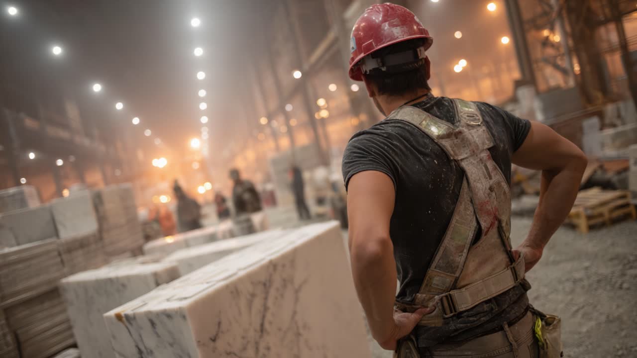 In the Heart of Industry: A Worker Observes Operations in a Stone Processing Facility Amidst Dimly Lit Workers and Surrounded by Marble Blocks