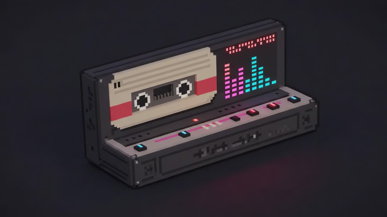 A Retro-Inspired Pixel Art Visual of a Cassette Player with Vibrant Equalizer Display, Capturing the Nostalgic Vibe of Classic Music Technology in a Modern Context