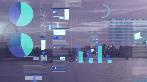 animation of statistics and financial data processing over landscape