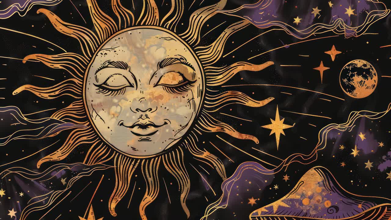 Whimsical celestial illustration with a sun and stars, captured from a straight-on angle