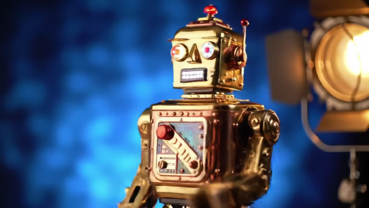 Un affascinante robot vintage con caratteristiche metalliche lucide e luci colorate, ambientato su uno sfondo blu tenue e illuminato da un riflettore, affascinante e giocoso