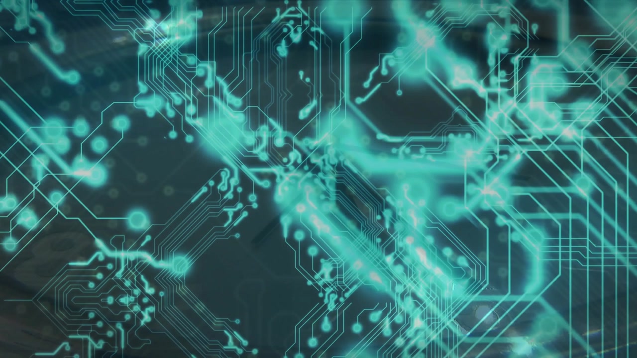 Dark base opening teal circuit network fading, pulsing nodes drifting bits visualizing data flow