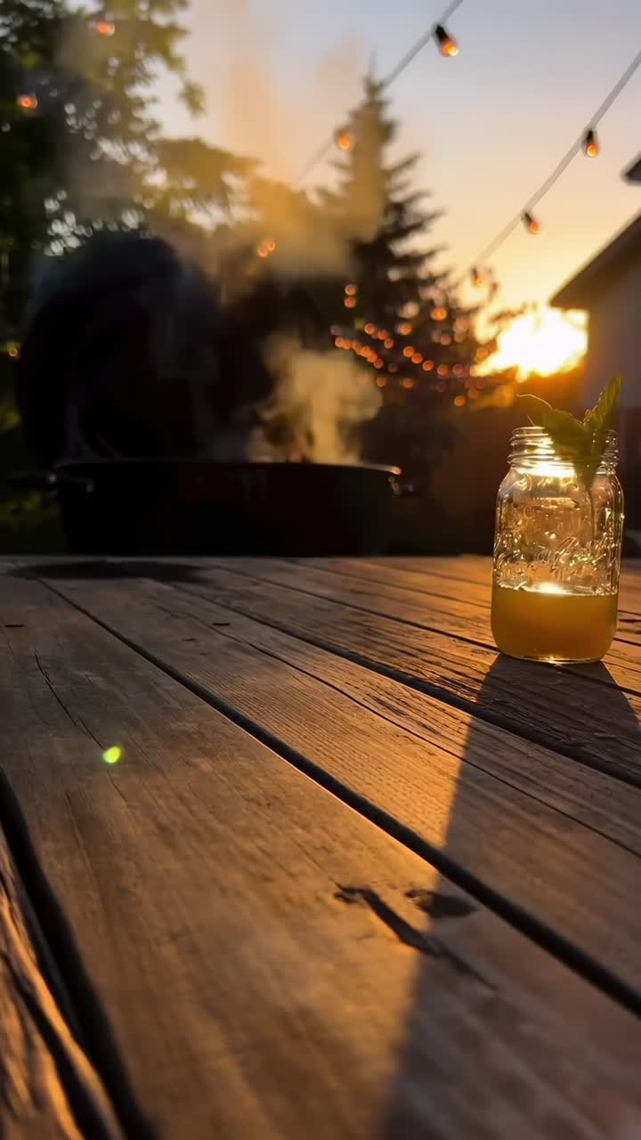 Videooptagelse fra lav vinkel af et træbord ved solnedgang, der fanger varmt lys og udendørs stemning.