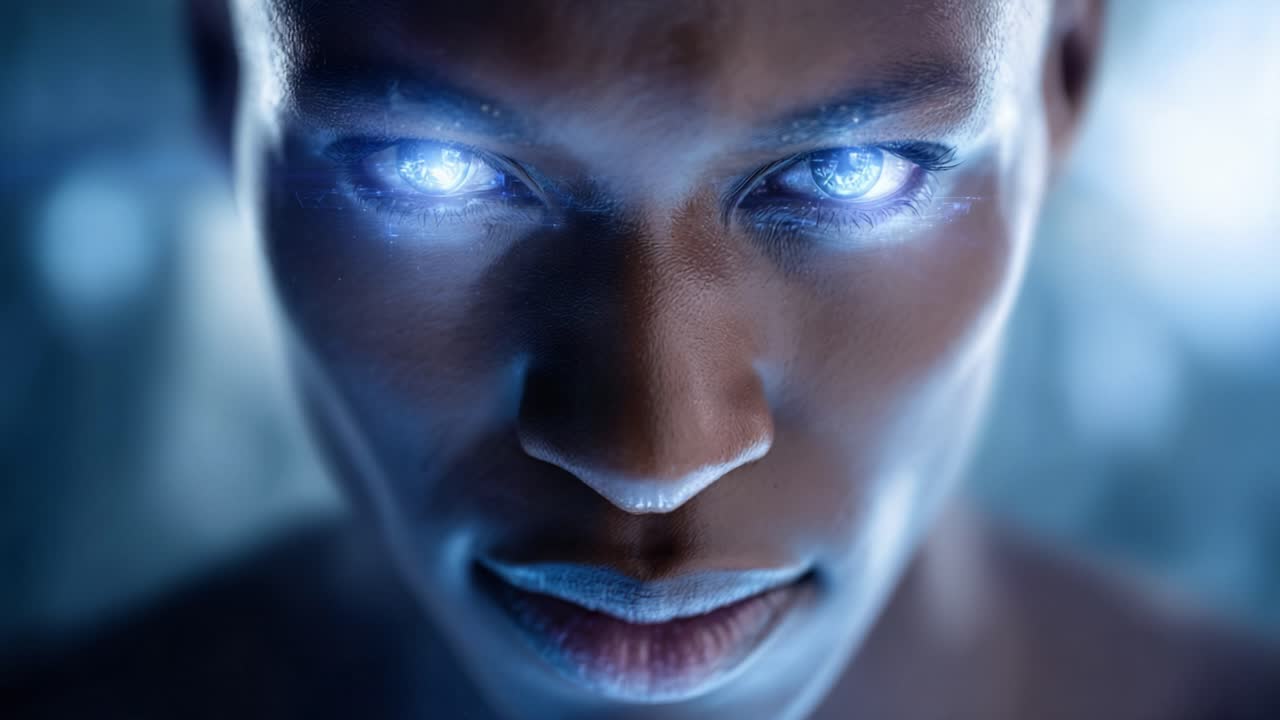 Un primo piano accattivante di una persona con occhi blu luminosi, che mostra un'espressione fiera e un effetto di illuminazione drammatico, creando un'atmosfera intensa.