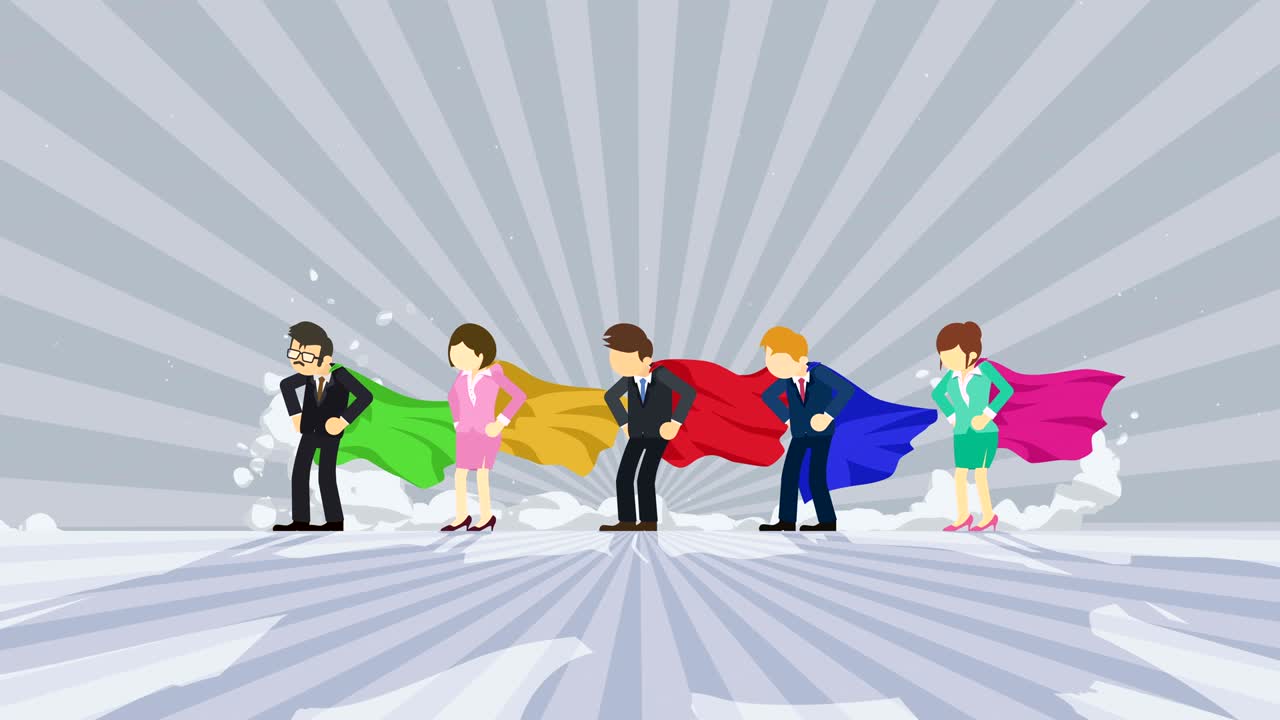 스포트라이트에 서있는 슈퍼히어로: 비즈니스 팀 우승자 상징, 팀워크 및 성공 개념, 코 루프 애니메이션