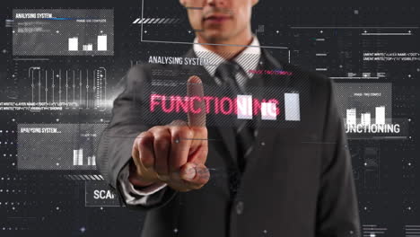 businessman interacts with virtual finance data on screen in digital composite.