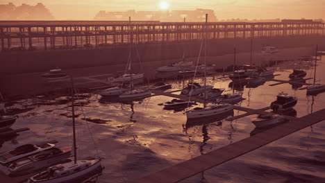 aerial view of a marina at sunset