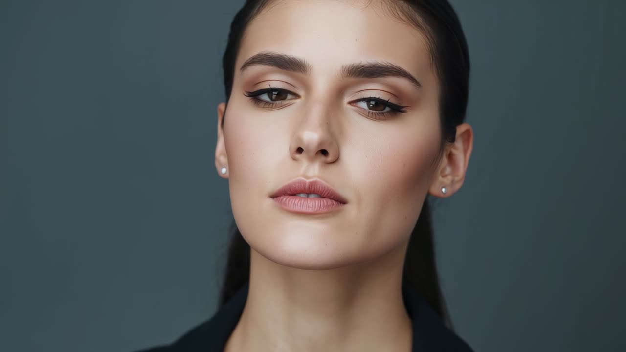 Reaching temple, female model removing clear frames in studio, showing pearl studs and dark collar