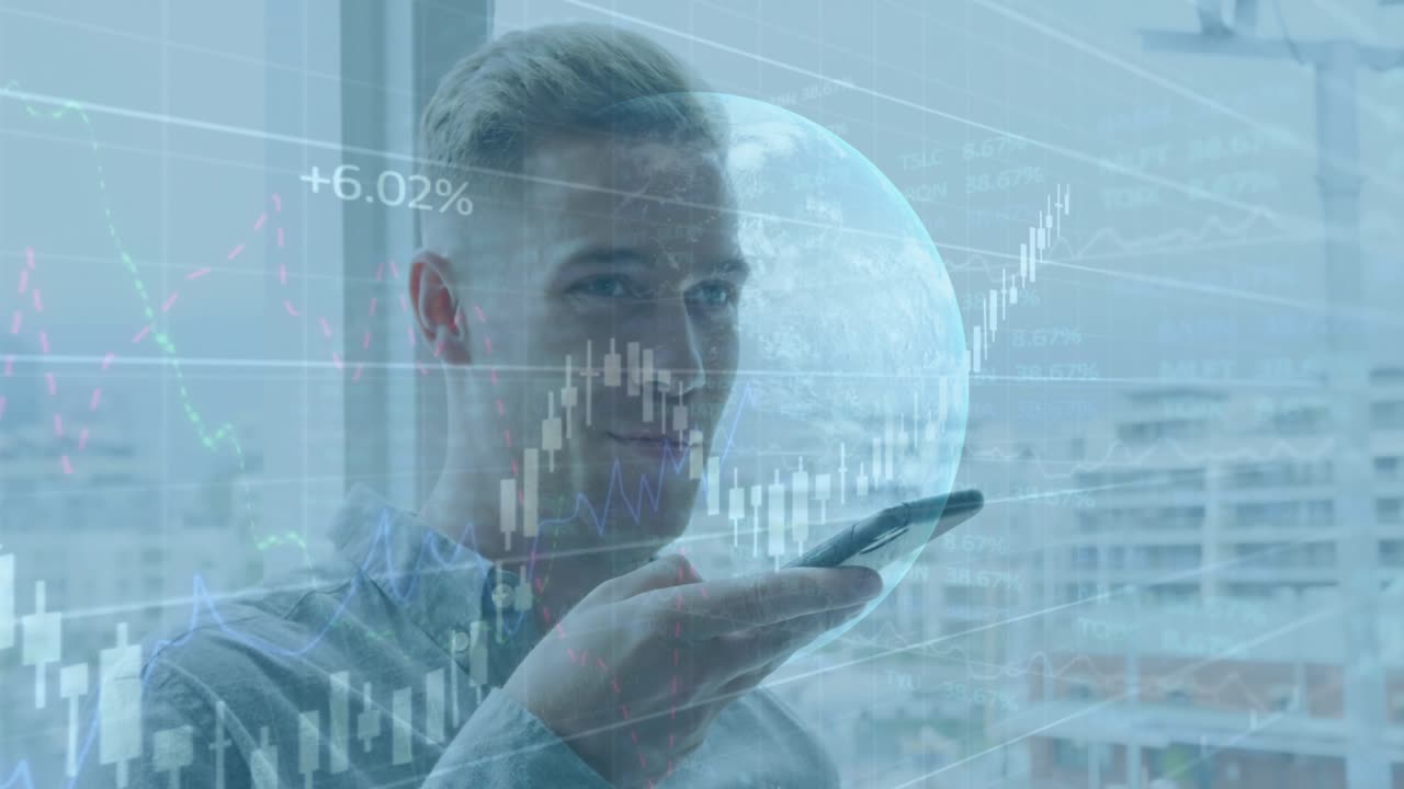 Man speaking into phone by window animating charts and sphere mapping financial data