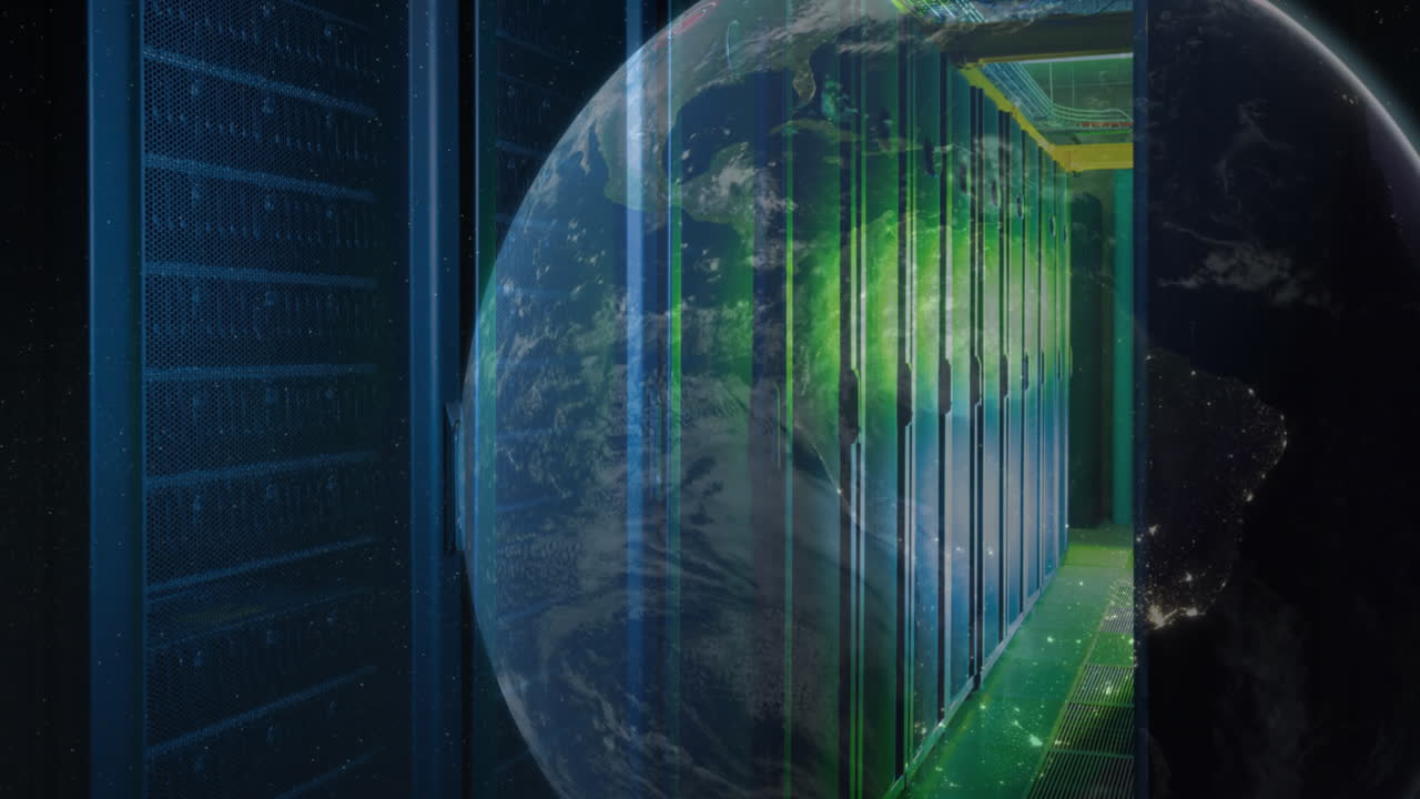 Animation of a globe against computer server room