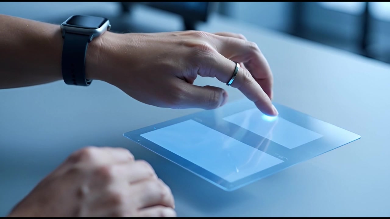Person's Hand Interacting with a Futuristic Transparent Display