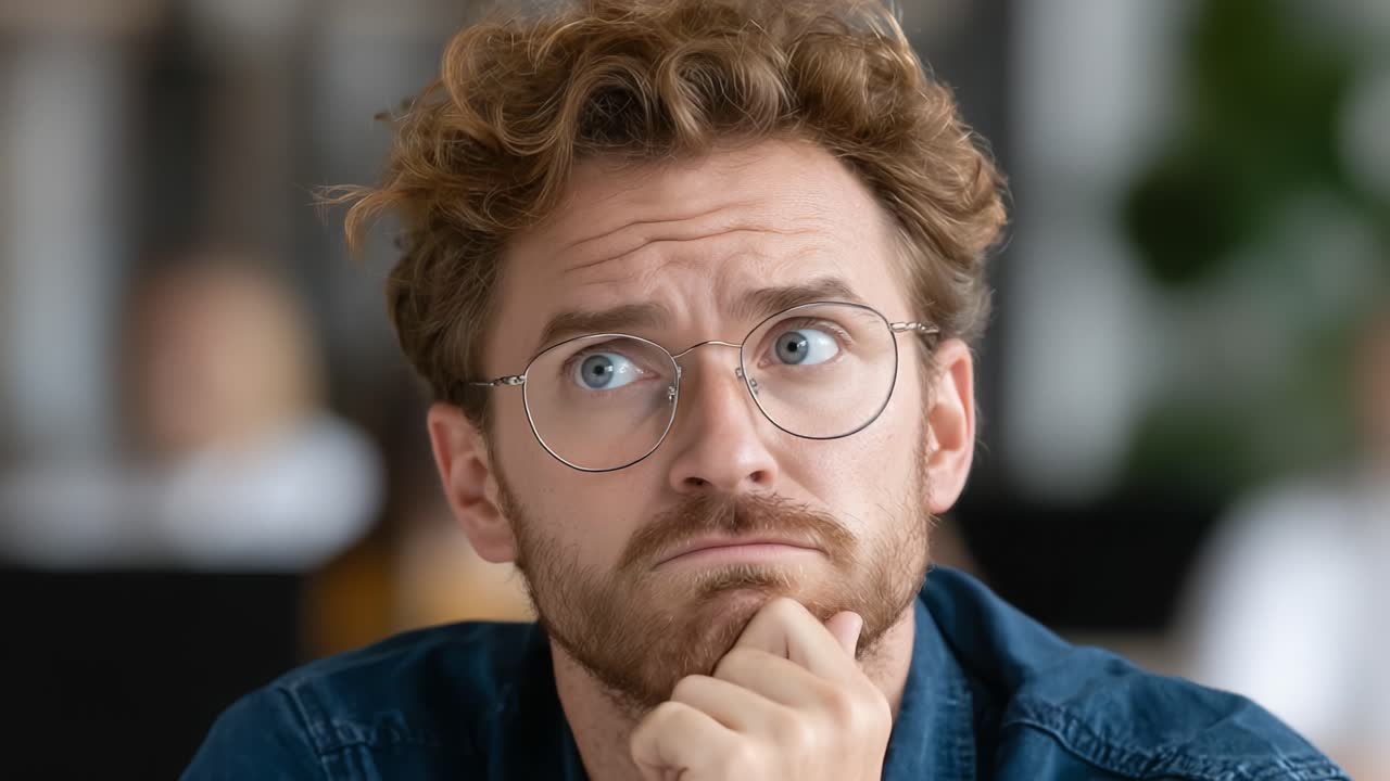 A pensive young man with curly hair and glasses contemplates deeply while sitting in a lively office environment, showcasing his thoughtful expression amidst bustling surroundings