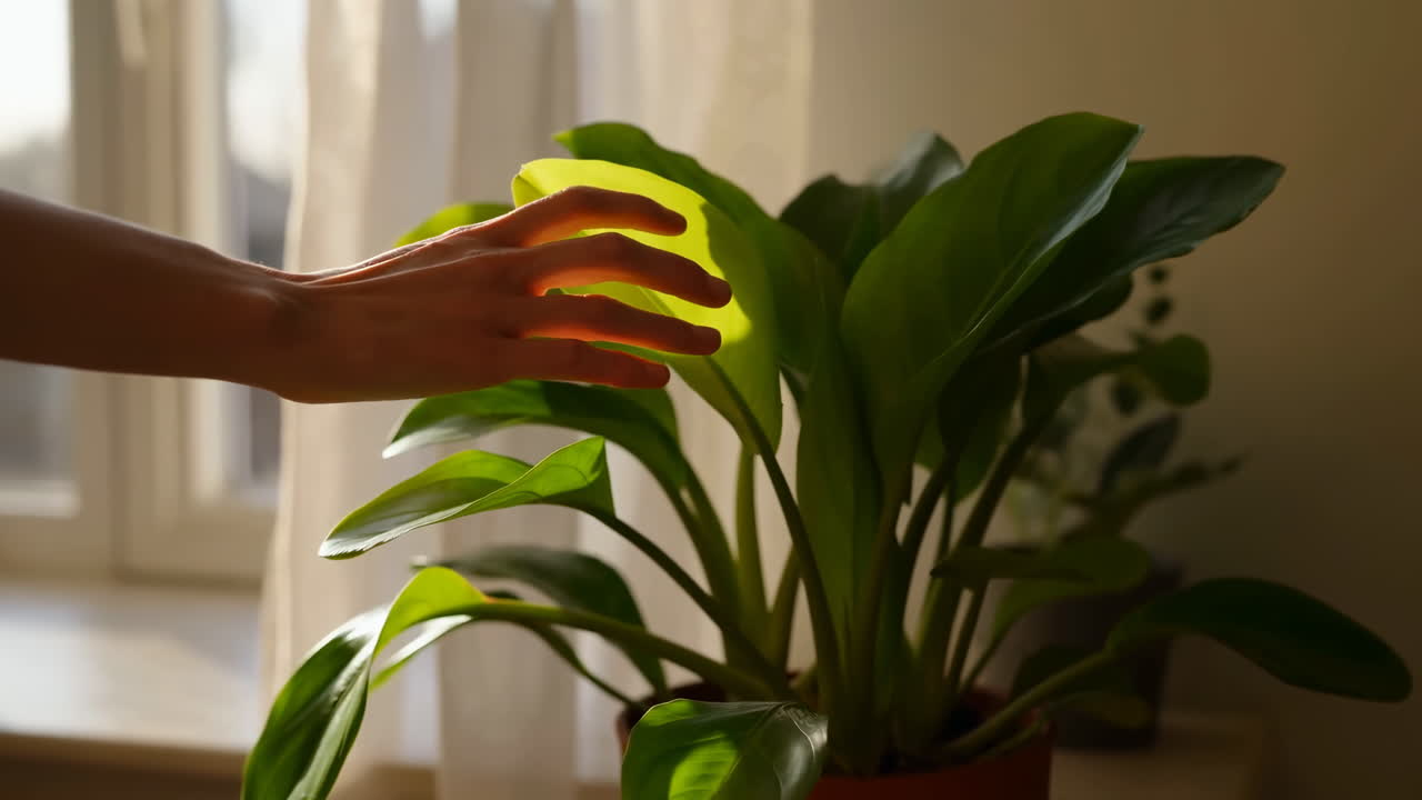 Mano illuminata dal sole che tocca una pianta verde sul davanzale, cura delicata delle foglie lucide, calda luce mattutina attraverso una tenda velata
