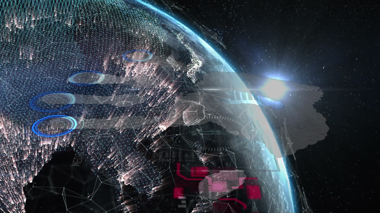 Animation of data processing over handprint and globe