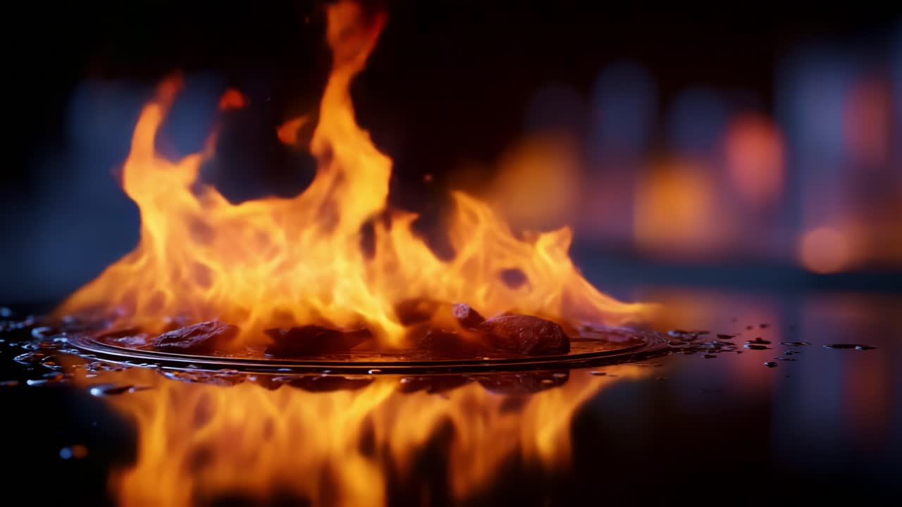 Flammes captivantes : une présentation hypnotique de danse du feu à la surface, créant de magnifiques reflets sur un arrière-plan sombre dans deux cadres époustouflants