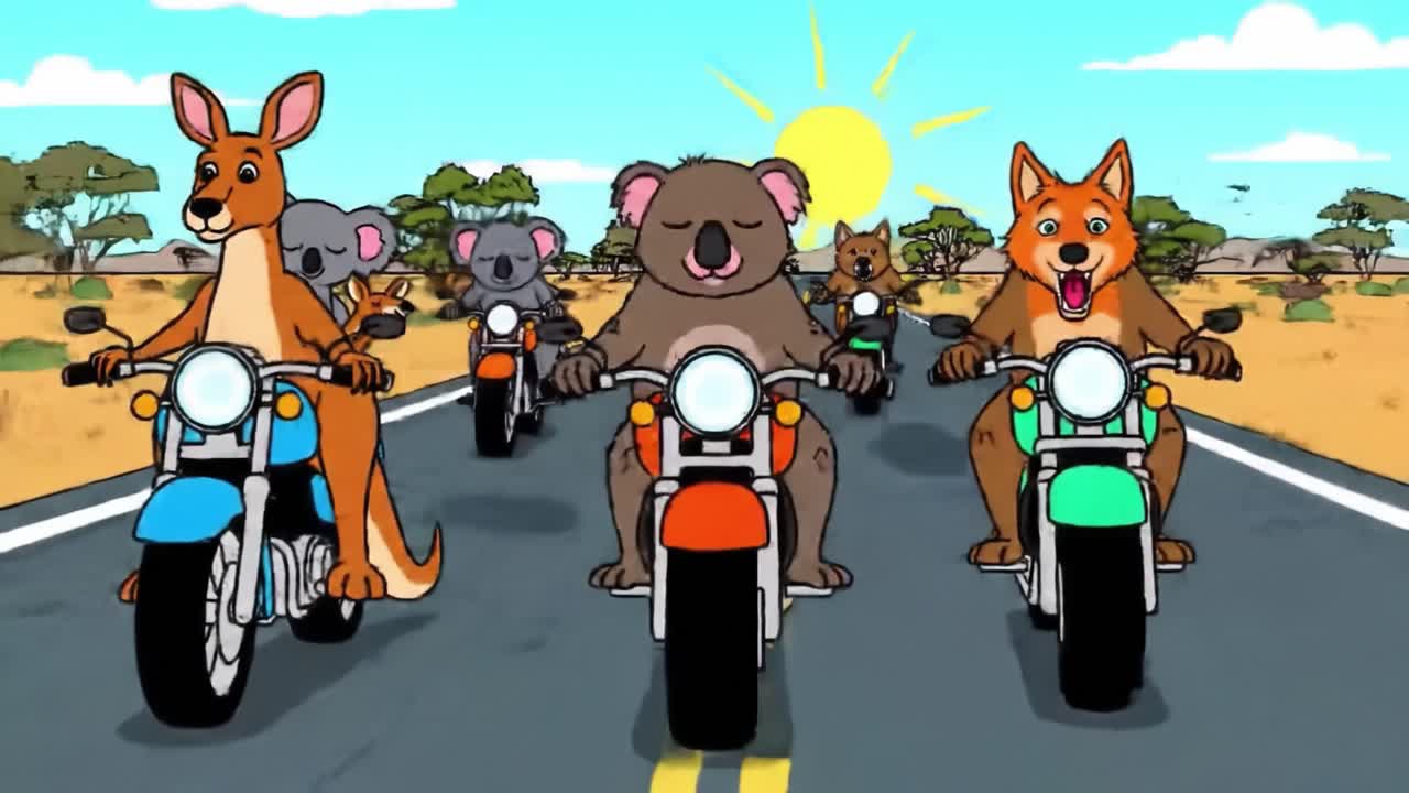 Animated Adventure: A Colorful Journey of Australian Wildlife Riding Motorcycles Under a Radiant Sunlit Sky
