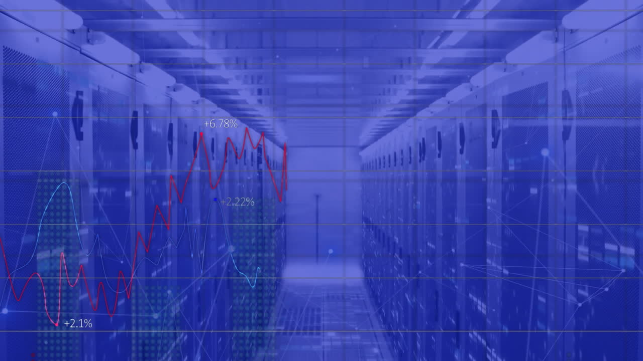 Data processing animation over server room with fluctuating graph lines
