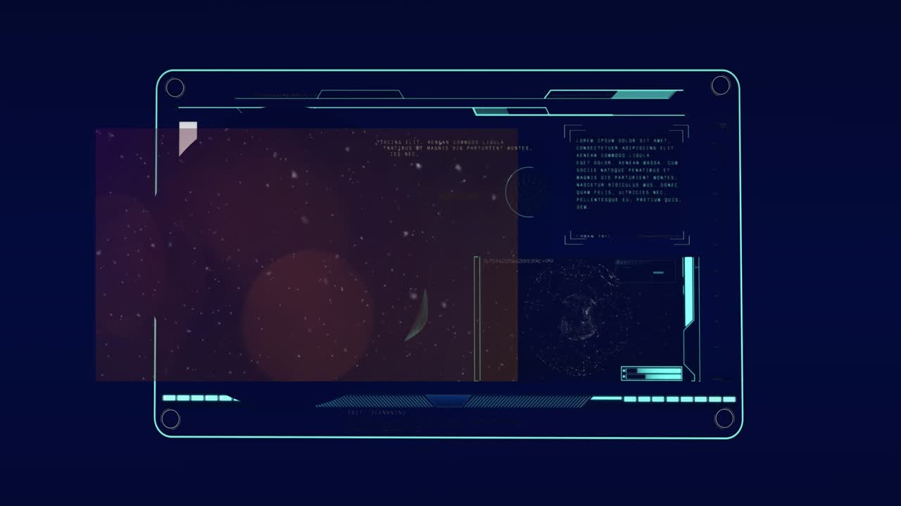 Animation of snow falling and light spots over data processing on black background