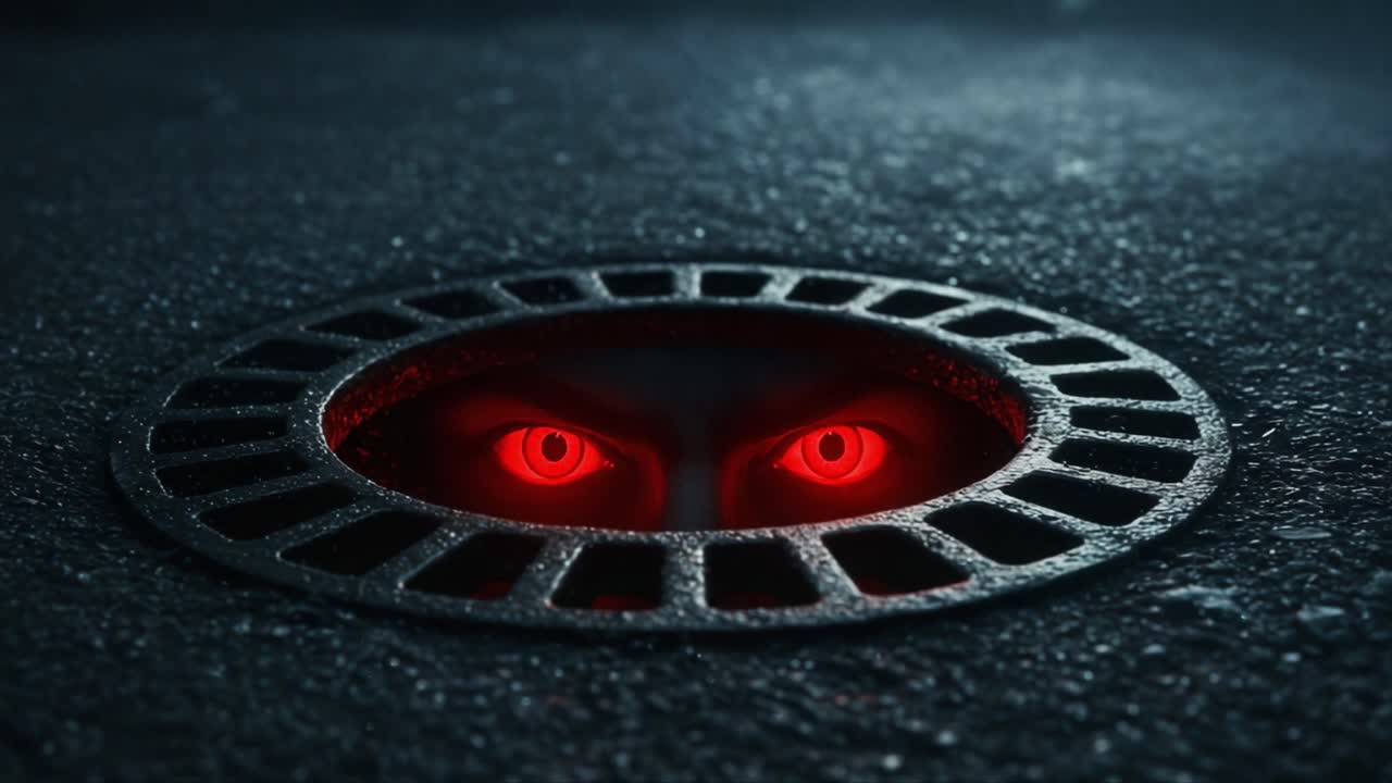 Mysterious Captivating Red Eyes Emerge from a Gritty Sewer Grate on a Rainy Night, Creating an Eerie Atmosphere of Suspense and Intrigue in Dark Urban Settings