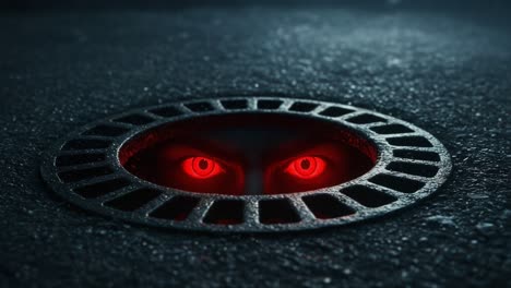 mysterious captivating red eyes emerge from a gritty sewer grate on a rainy night, creating an eerie atmosphere of suspense and intrigue in dark urban settings