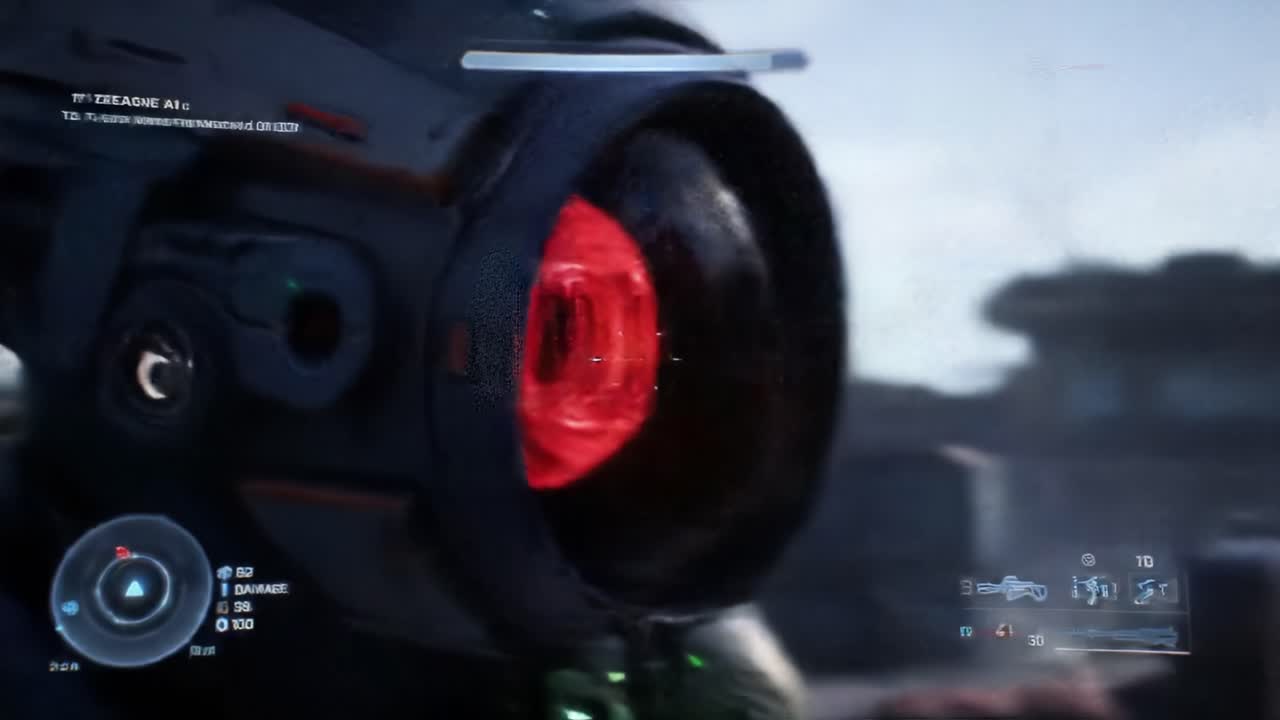 A highly detailed robotic unit scans its surroundings with a glowing red sensor. The urban landscape is gritty, hinting at recent destruction and heavy combat activity.